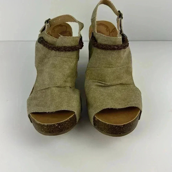 BLOWFISH NWOT SIZE 10 TAN DENIM FABRIC WITH BROWN LEATHER TRIM WEDGE - Picture 7 of 9